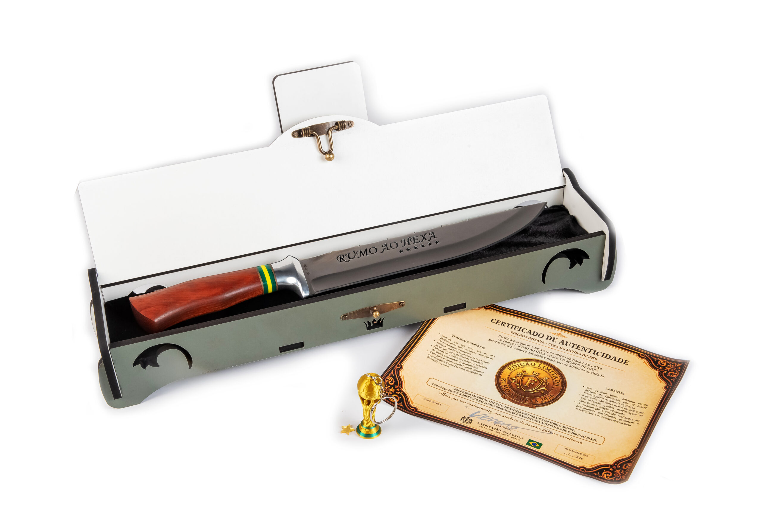 Kit faca de colecionador Rumo ao Hexa em embalagem exclusiva para presente — faca cutelaria artesanal brasileira edição limitada Copa do Mundo