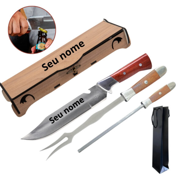 Estojo para faca artesanal Premium FB1015 em MDF com veludo preto, faca artesanal para churrasco Ferreira incluída, presente para homens