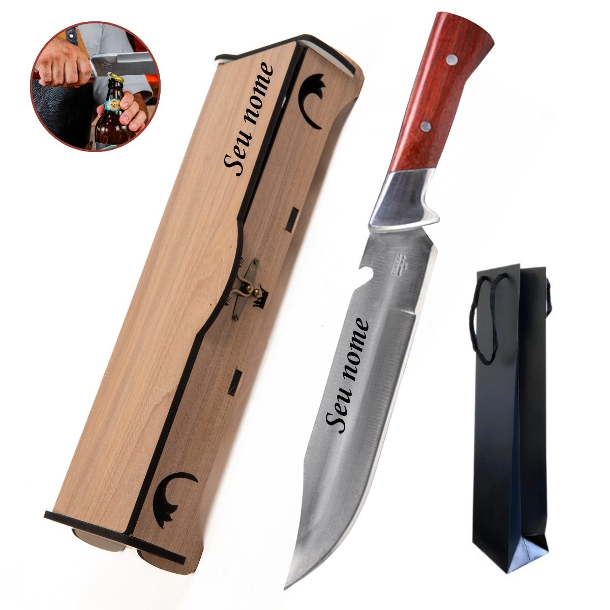 Estojo Premium Solo FB1035 - Faca Artesanal para Churrasco com Abridor de Garrafa Integrado