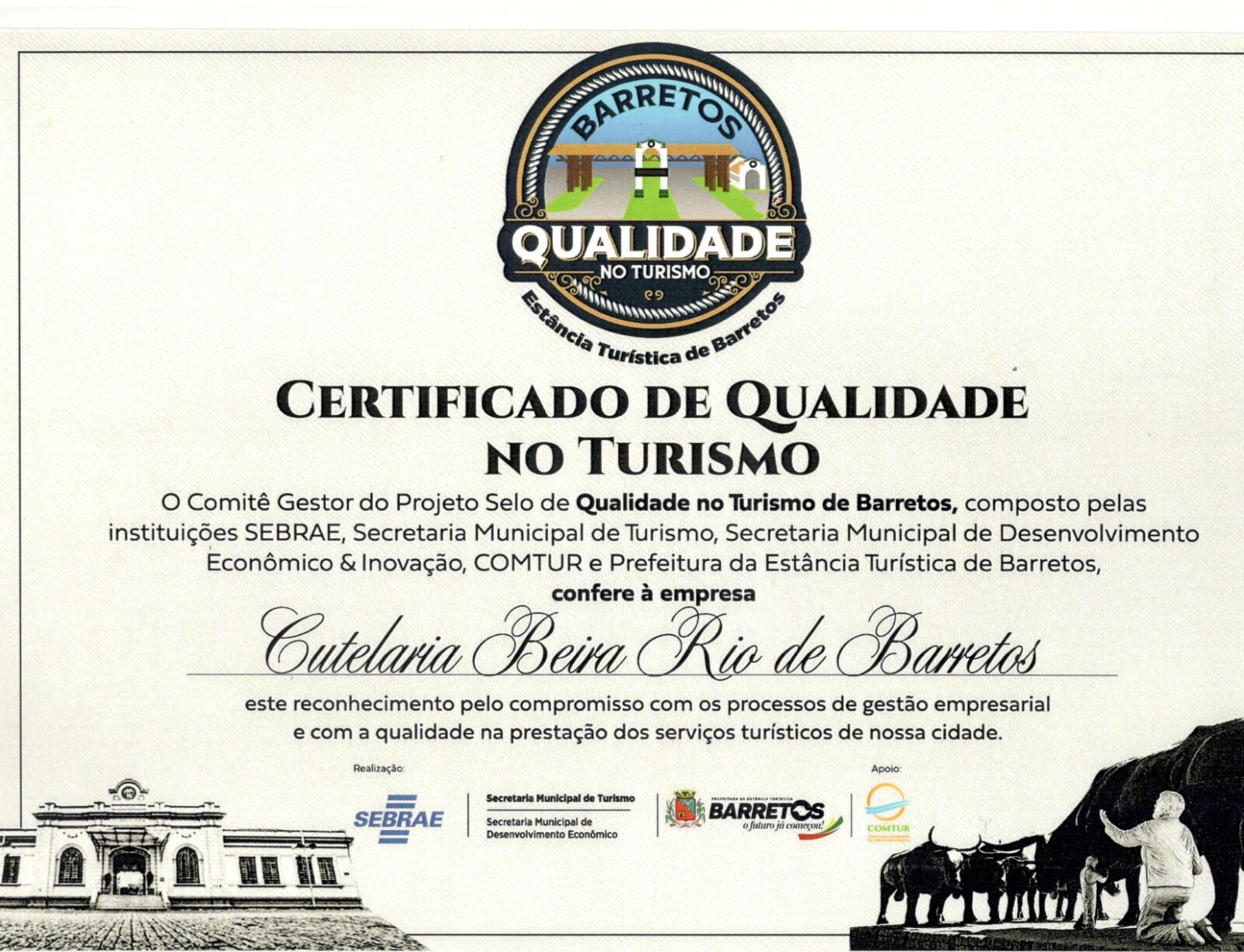 Certificado Selo de Qualidade no Turismo de Barretos — Cutelaria Beira Rio
